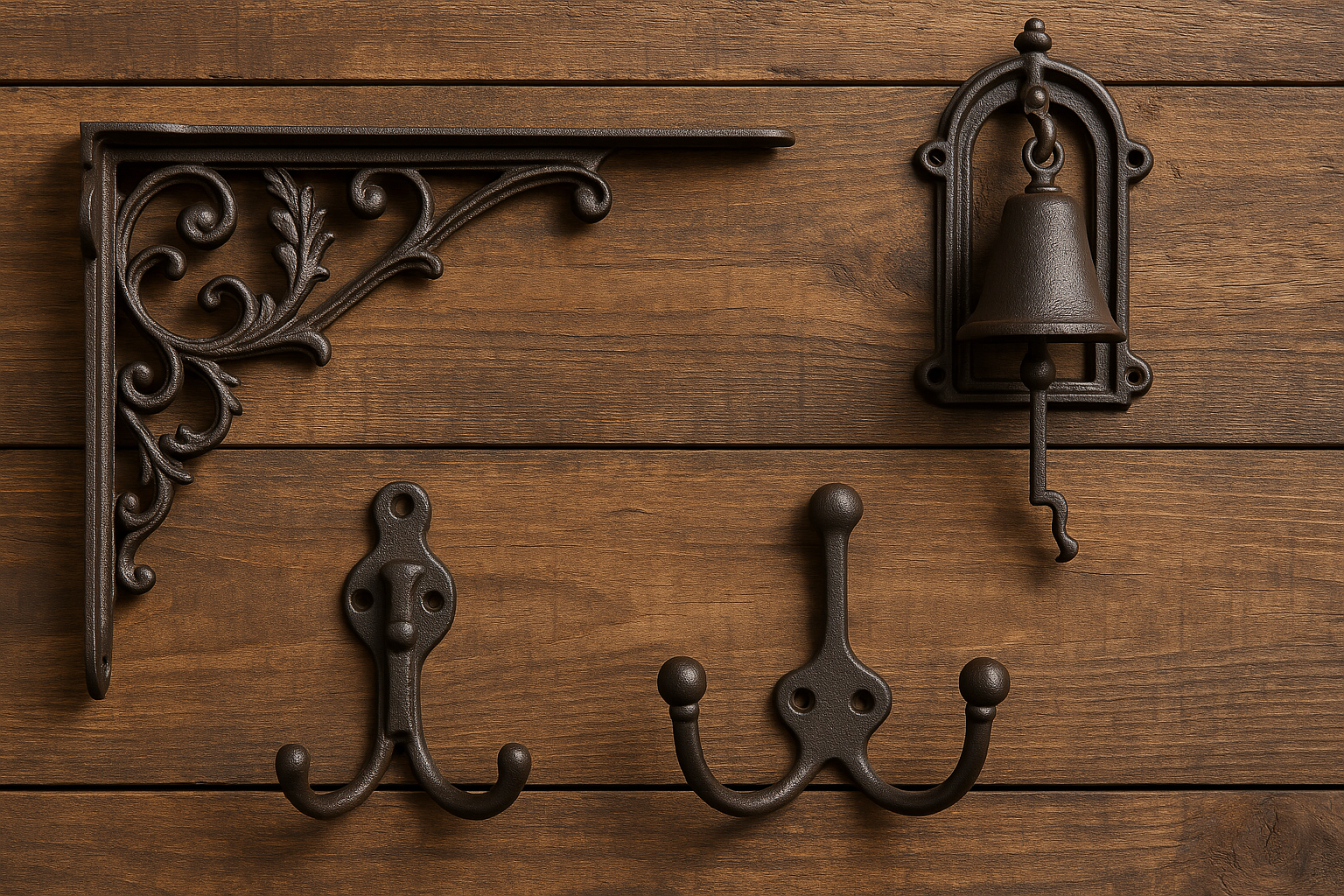 Vintage cast iron shelf bracket, wall hooks, and doorbell mounted on rustic timber paneling – classic hardware from Alley Cat Trading.