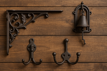 Vintage cast iron shelf bracket, wall hooks, and doorbell mounted on rustic timber paneling – classic hardware from Alley Cat Trading.