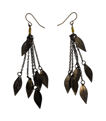 Leaf Chain Fringe Hook Earrings with Gold-Coloured Beads