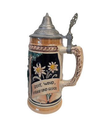 German Lidded Ceramic Beer Stein “ZEIT, WIND, FRAU UND GLÜCK"