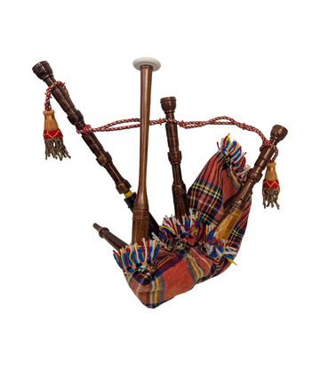 Small Wooden Bagpipe with Red Tartan Cover and Tassels