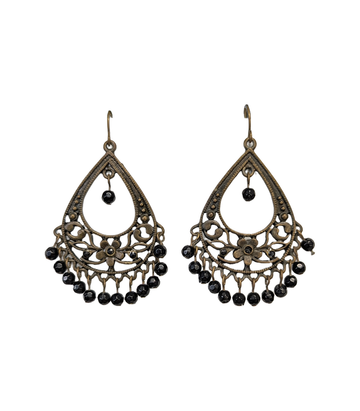 Antiqued Brass-Toned Teardrop Hook Earrings With Black Bead Drops