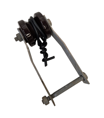 Brown Glazed Ceramic Electrical Insulator with Metal Strap Bracket