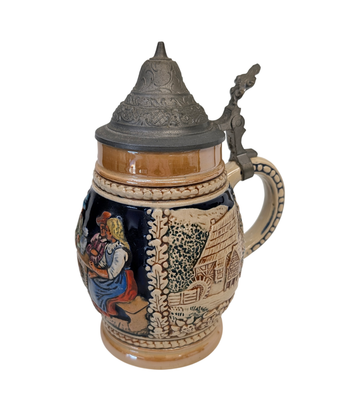 Poachers in the Herder’s Hut Relief-Decorated Ceramic Beer Stein with Hinged Metal Lid
