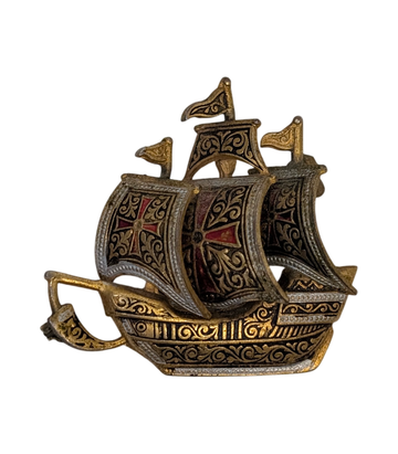 Spanish Damascene-Style Three-Masted Ship Brooch 1960's