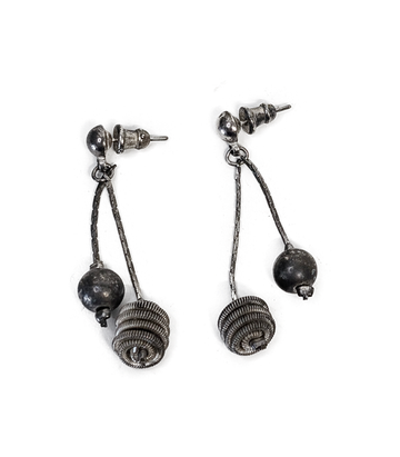 Silver-Coloured Dangling Stud Earrings with Bead and Coil Drops