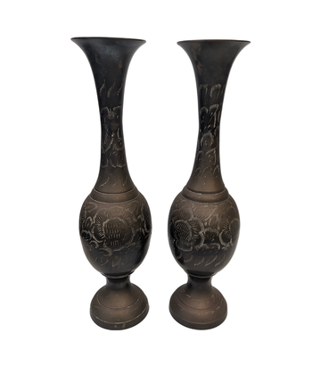Vintage CopperArt 1509 Engraved Brass Vase Pair Made in India