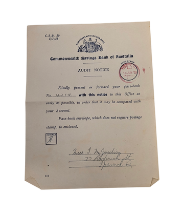 Commonwealth Savings Bank of Australia 1955 Ipswich Audit Notice