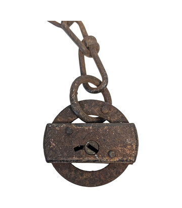 Vintage Round Padlock with Attached Chain