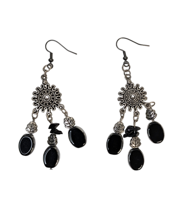 Silver-Coloured Sunburst Dangling Hook Earrings with Black Oval Drops