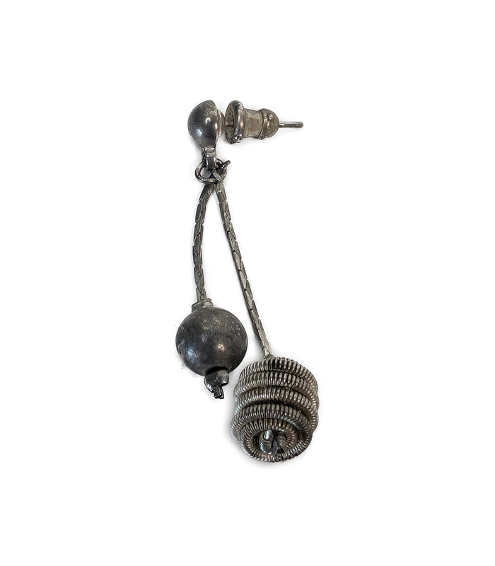 Silver-Coloured Dangling Stud Earrings with Bead and Coil Drops