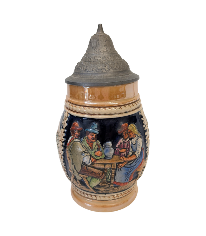 Poachers in the Herder’s Hut Relief-Decorated Ceramic Beer Stein with Hinged Metal Lid