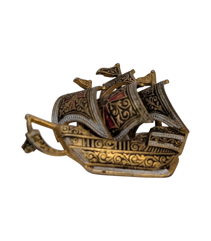 Spanish Damascene-Style Three-Masted Ship Brooch 1960's