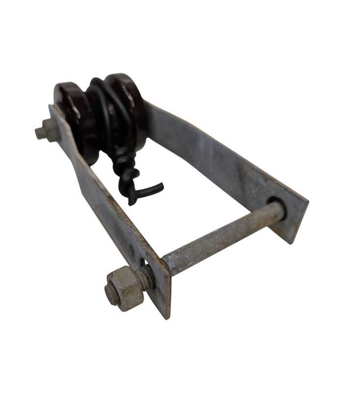 Brown Glazed Ceramic Electrical Insulator with Metal Strap Bracket