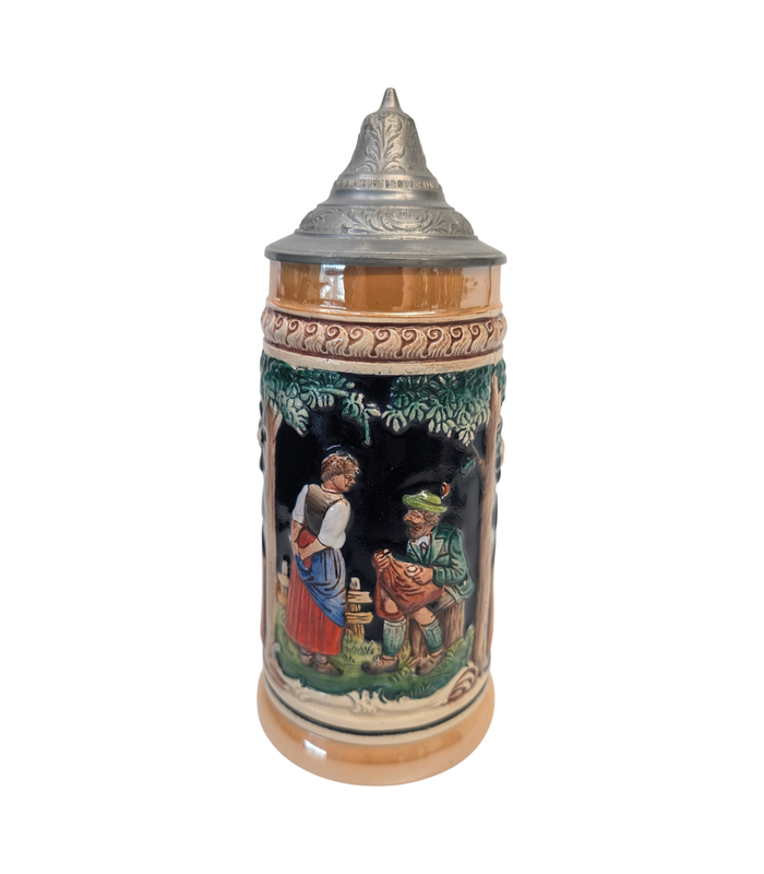German Lidded Ceramic Beer Stein “ZEIT, WIND, FRAU UND GLÜCK"