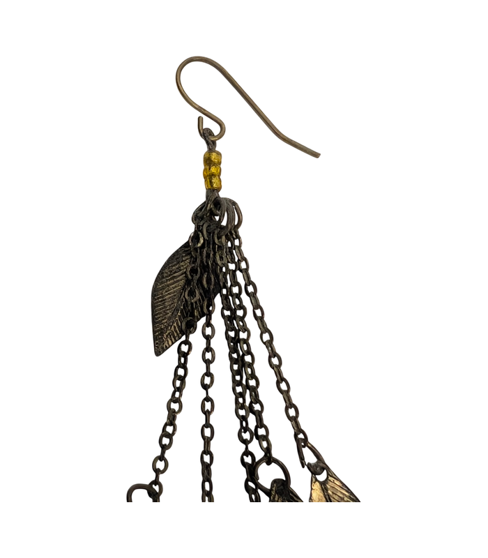 Leaf Chain Fringe Hook Earrings with Gold-Coloured Beads