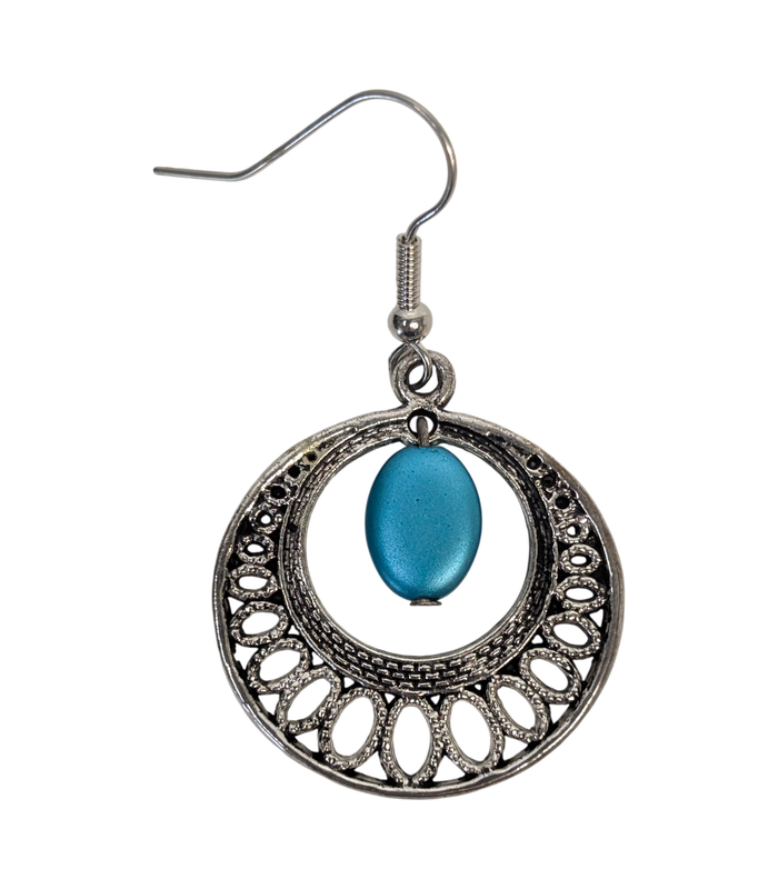 Tribal Style Circular Hook Earrings with Turquoise-Blue Beads