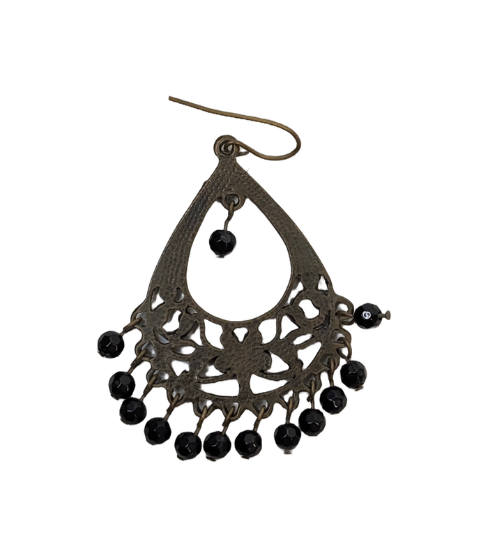 Antiqued Brass-Toned Teardrop Hook Earrings With Black Bead Drops