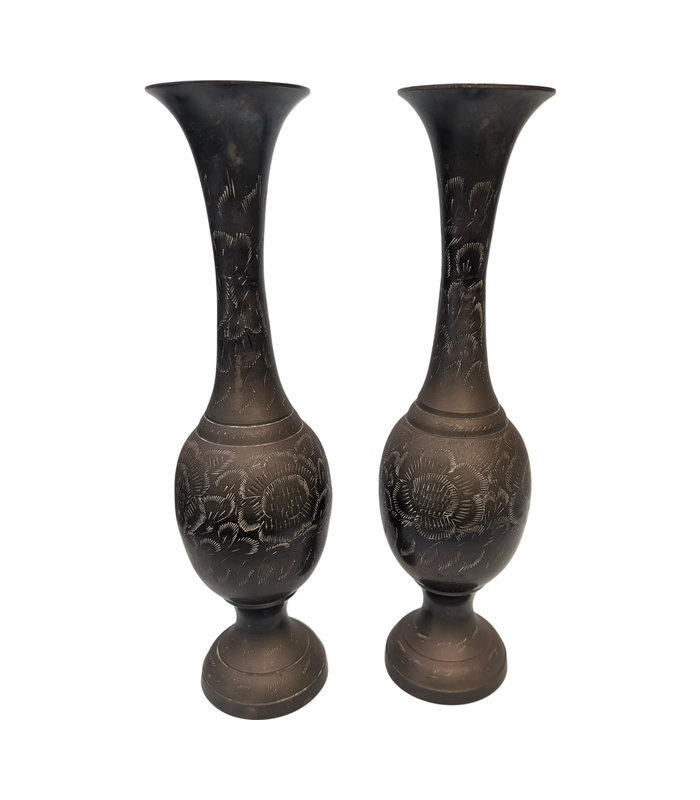 Vintage CopperArt 1509 Engraved Brass Vase Pair Made in India