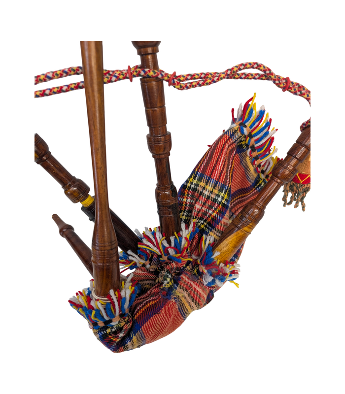 Small Wooden Bagpipe with Red Tartan Cover and Tassels