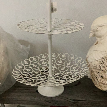 2 tier white lace sweets stand
