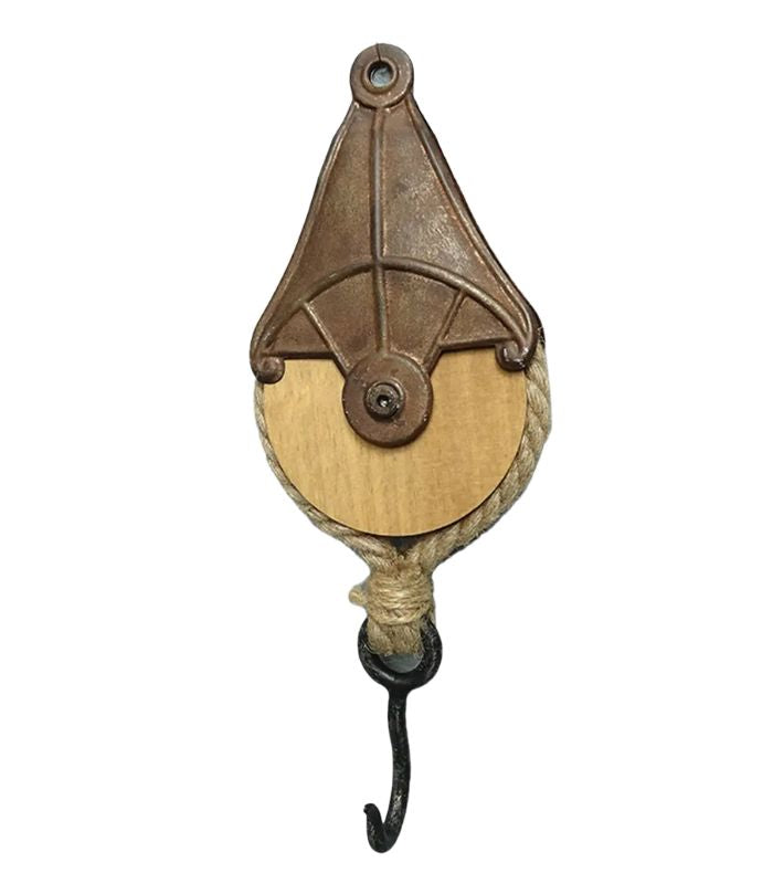 Wooden / Metal Hanging Wall Hook - Decorative Pulley - Block - Natural - 5.5x32x12cm | Ink You