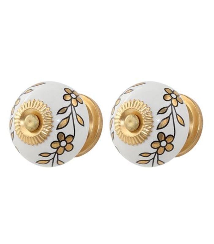 Pack Of 2 Pcs Hand Painted Ceramic Cabinet Knob - Gold - 40mm -  4x4x2cm | Ink You