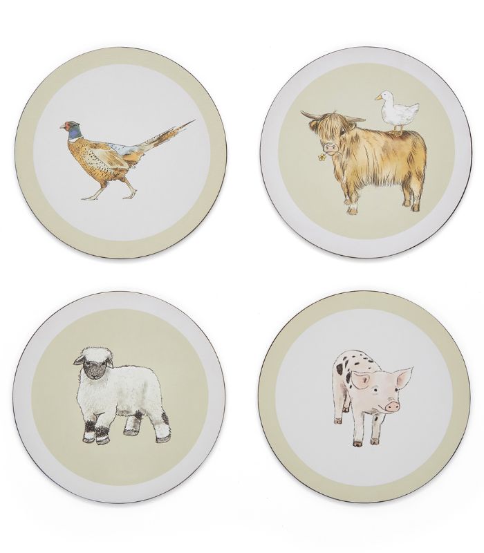 Cooksmart Buttercup Farm Coasters 🐄🐔 Set of 4 - Heat Resistant, Natural ...