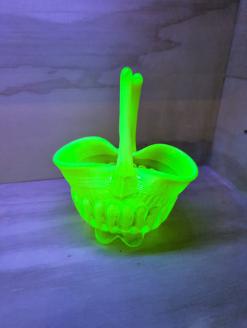 Uranium Glass Davidson 1900s Yellow Vaseline/Pearline Glass basket in Pattern 'Lady Caroline'