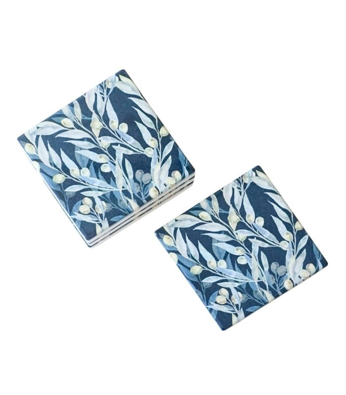 olive branches dusty blue ceramic coasters set - 0