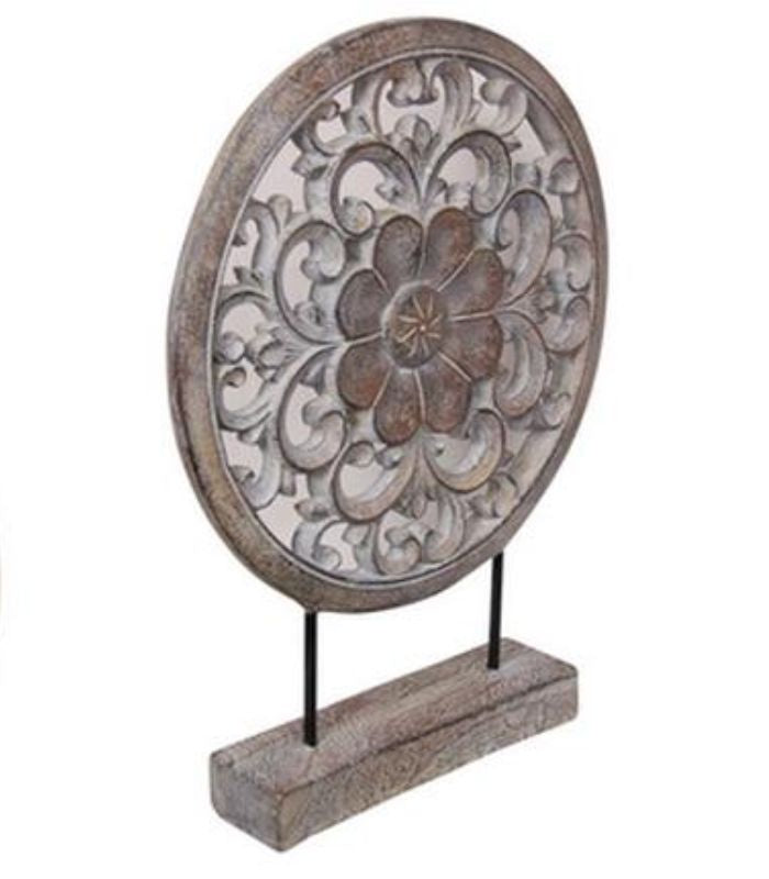 38cm round filigree decor stand - timber