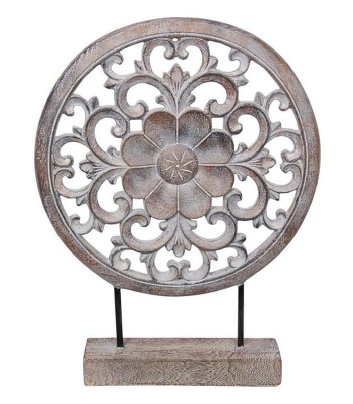 38cm round filigree decor stand - timber