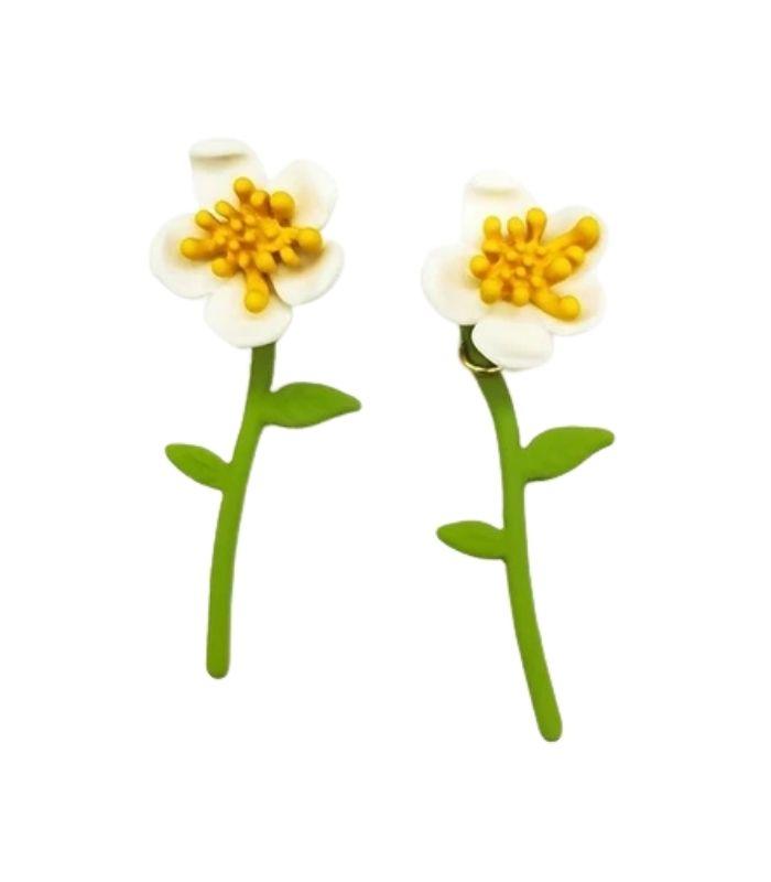 Flower Dangling Stem Earrings - White/Yellow | Ink You