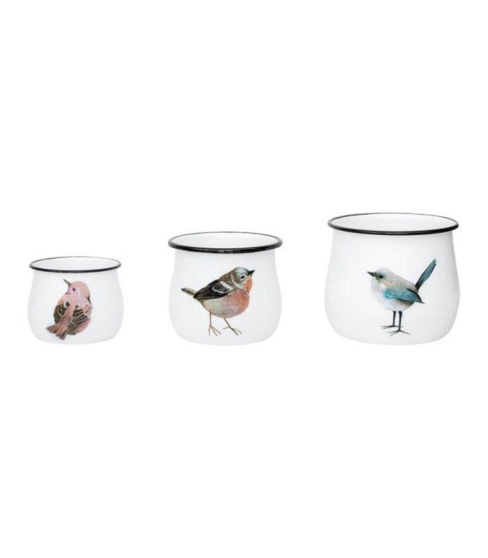 Planter Bird Decal Enamel Planters - Set of 3