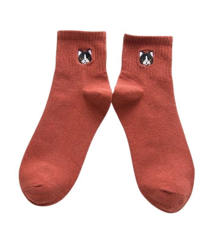 Women's Cotton Casual Socks - Burnt Orange - Cat | Ink You